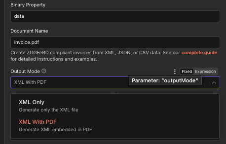 Menu tarik-turun Mode Output di node n8n PDF4me Buat Faktur Zugferd menampilkan dua opsi: Hanya XML dengan deskripsi Hasilkan hanya file XML, dan XML Dengan PDF yang disorot dengan deskripsi Hasilkan XML yang disematkan dalam PDF
